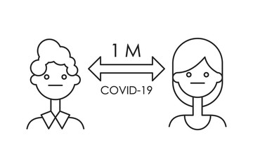 Prevention infographic of coronavirus. One meter distance between people. Concept of public health risk. covid-19. Outline thin line illustration. Flat style. 