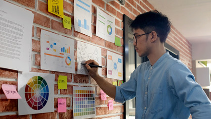 Design and think, Young asian creative design man thinking while writting plan on paper work ideas at office wall with concentration, Asia male brainstorming ideas on note, Business strategy, vision - Powered by Adobe