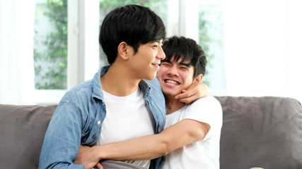 Happy asian homosexual gay male couple, Young asia boy, man lgbt in happy moment relationship,...