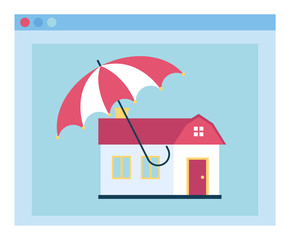 Fototapeta na wymiar House architecture symbol under opened parasol webpage. Medical insurance element dwelling object and colorful parasol accessory isolated on blue web icon. Home construction and shelter vector