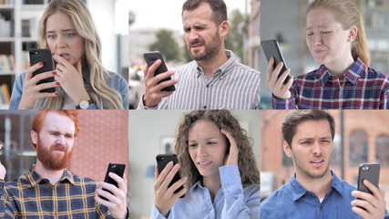 The Collage of Young People in Shock while Using Smartphone