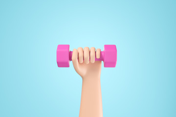 Cartoon hand holding small pink dumbbell over blue background.