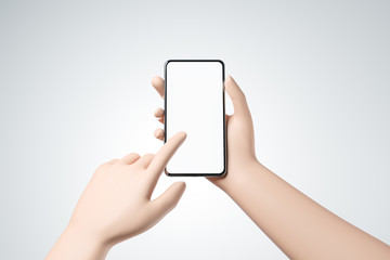 Cartoon hand holding smartphone with blank white screen and push the screen.