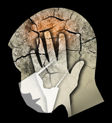 Headache, depressed man with virus protection mask. Stylized male head silhouette holding her head. Expressive Photo-montage with Dry cracked earth symbolizing Depression and hopelessness.