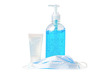 A bottle of blue alcohol sanitizer gel and mask on white background for protect infection and kill...
