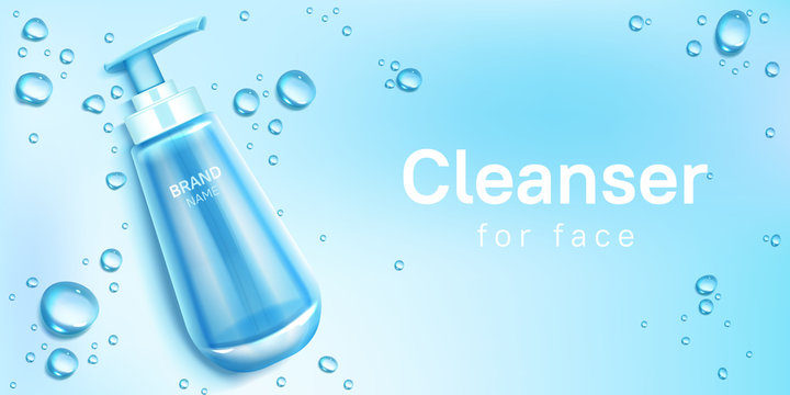 Cleanser For Face Cosmetics Bottle Mockup Banner. Skin Care Cosmetic Pump Tube On Blue Background With Water Drops. Facial Cleansing Product Packaging Design, Promo. Realistic 3d Vector Illustration