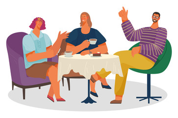 Man and woman sitting at table drinking coffee and eating dessert. Smiling man and woman with cup of beverage and sweet. People characters with cappuccino together indoor isolated on white vector