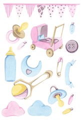 Watercolor hand drawn set of objects. Baby girl pink and blue style stuff and toys .