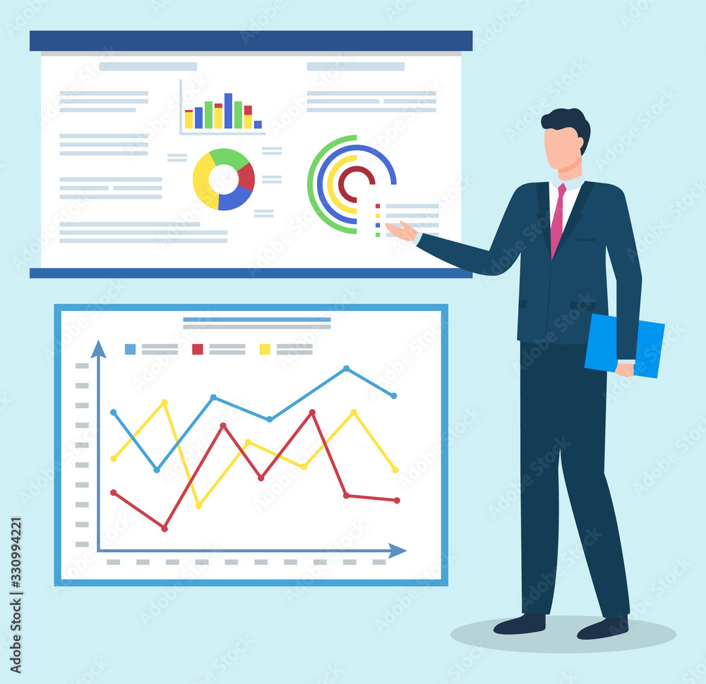 Poster businessman presenting data graphics on appointment. man stand near statistics chart with company in