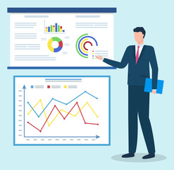 Businessman presenting data graphics on appointment. Man stand near statistics chart with company information on board. Manager in suit show strategy plan on report. Vector illustration in flat style