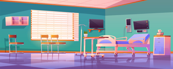 Hospital ward interior with adjustable bed, medical monitor and drop counter. Vector cartoon illustration of empty room in clinic for treatment sick patients