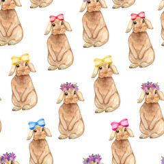 Watercolor seamless pattern with beige rabbits on a white background. Easter bunnies with bows for fabrics, cards, wallpapers.