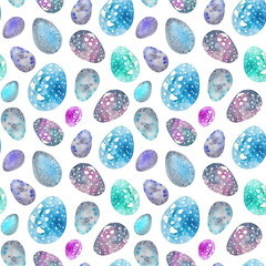 Watercolor seamless pattern with easter eggs on a white background. Purple and blue quail eggs. Print with space eggs.