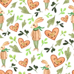 Tapeten Aquarell nahtlose Muster mit Hasen in Kleidung auf weißem Hintergrund. Vintages Ostermuster mit süßen Hasen in grünen Schals. Frühlingsdruck mit Knöpfen Herzen. © Tetiana