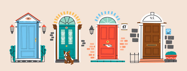 Set of four retro vintage Front Doors. Brick wall. Lamp on a wall. Windows. Sitting bulldog. House Exterior. Home Entrance. Hand drawn colored vector illustration. Isolated on a beige background