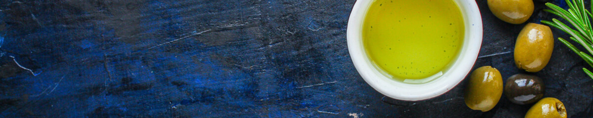 olive oil appetizer olives, cold pressed,  menu concept food background. top view. copy spaces for text