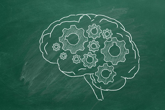 Human brain with cogwheels hand drawn in chalk on a greenboard.