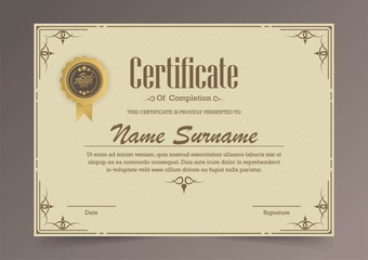 Certificate of achievement template in vector with applied Thai line in yellow gold tone - Vector	
