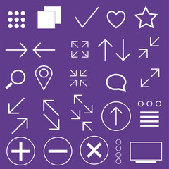 White icons pack, signs set on a violet background. Vector illustration