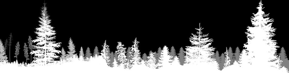 grey firtrees forest on black background