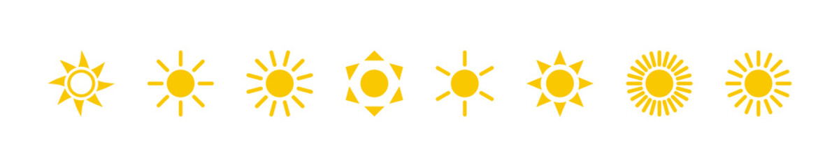Fototapeta premium Sun collection. Sun vector icons, isolated on white background. Sun yellow icons different shapes in modern simple flat design. Vector illustration