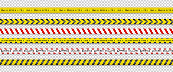 Warning Stripes. Coronavirus warning stripes. Covid-19 signs. Quarantine biohazard symbol. Warning Stripes collection black, red and yellow color, isolated on transparent background. Vector 