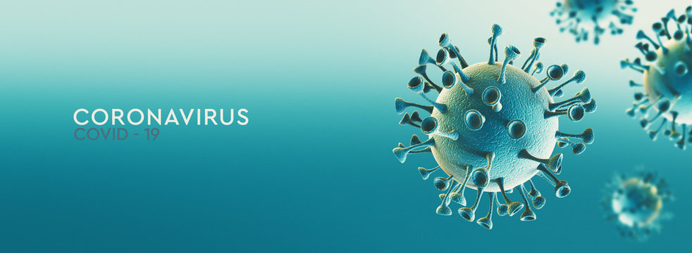 High resolution banner Coronavirus microscopic view. Dangerous asian ncov corona virus, SARS concept with text on teal background. 3d rendering