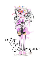 Sketch of a cute fashion girl with her pet  and flowers. Hand drawn vector illustration.