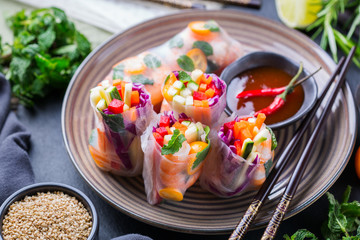 Spring or summer rolls with rice paper, shrimp and vegetable
