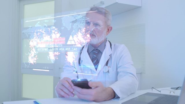 Senior doctor checking pandemic statistics update, holographic image, virus. Mobile phone projection, futuristic tech, healthcare