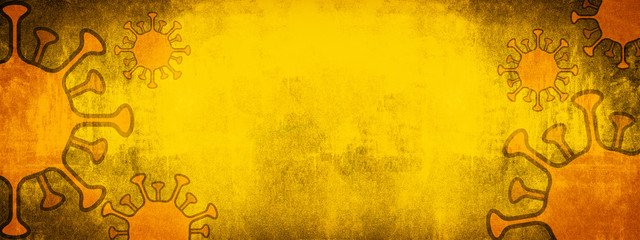 CORONAVIRUS - Orange cartoon virus isolated on yellow abstract rustic texture background banner panorama, top view with space for text