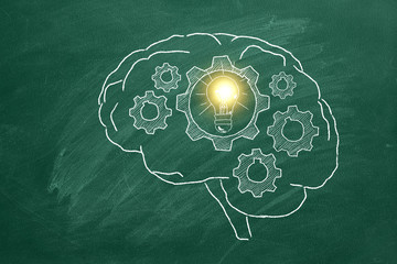 Rotating gears inside the human brain. Illustration on blackboard.Concept of idea.
