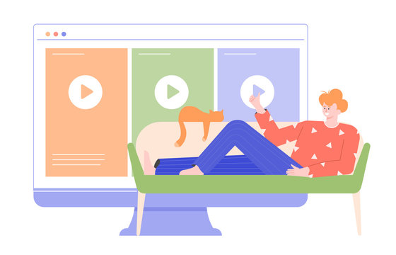 Cute man character is lying on the couch and watching movies, TV shows, series. The cat sleeps nearby. Large monitor with media content. Streaming service and online cinema. Vector flat illustration.