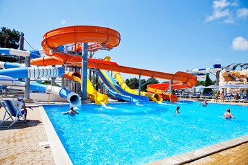 Gelendzhik, Russia-June 6, 2018: Zolotaya Bukhta water Park in the resort of Gelendzhik, Black sea. Water slides, rides and entertainment