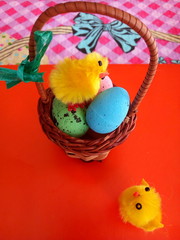 easter eggs and chickens in basket