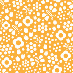 Yellow and white bees and flowers seamless repeat pattern tile, perfect for backgrounds, textures, wallpaper, surface pattern design, fabric, textiles, stationery and more.