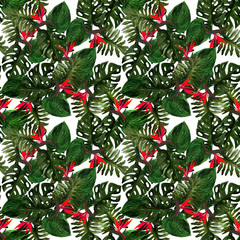 Original seamless tropical pattern with Strelitzia and leaves on white background. Seamless pattern with colorful leaves of colocasia, filodendron, monstera. Exotic wallpaper. Hawaiian style © Olena