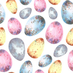 Seamless pattern of watercolor easter eggs with specks and stains in different shades. Drawn by hand