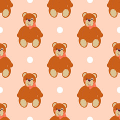 Vector seamless pattern with teddy bear on pink peach background with white dots.Tender vector childish ornament.
