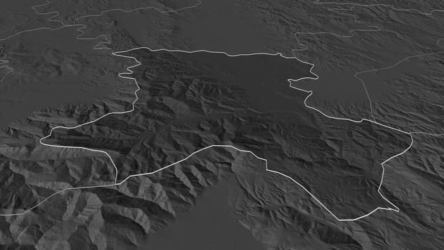 Uro&scaron;evac, district with its capital, zoomed and extruded on the bilevel map of Kosovo in the conformal Stereographic projection. Animation 3D