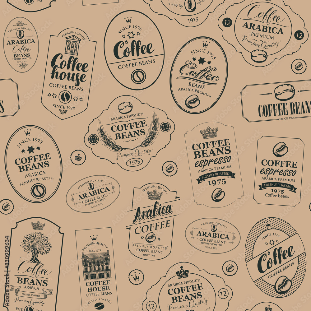 Poster vector seamless pattern on the coffee and coffee house theme with various labels in retro style on t