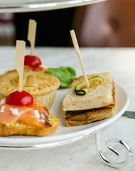 Club Sandwich and Chicken Pie and Salmon Toast in afternoon tea set