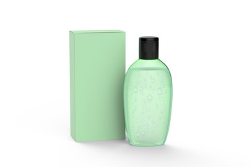 Clear hand sanitizer in a clear bottle with box isolated on a white background. Hand sanitizer is used for killing germs, bacteria and viruses. 3d illustration 