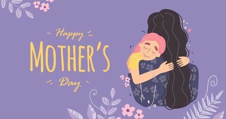 Mothers day greeting card, Mom and girl are smiling and hugging