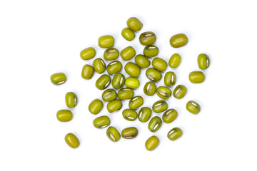Pile of green mung beans isolated on white background. Top view. Flat lay.