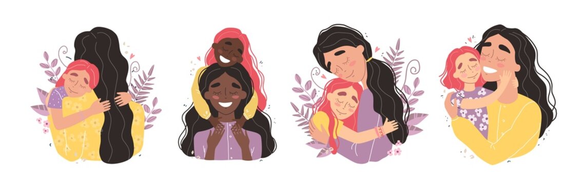 Beautiful young woman and her charming little daughter. Girl hugs mom and smiles. Set of illustrations for mothers day