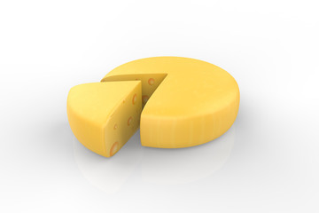 circle and a piece of cheese on white background. 3d illustration 