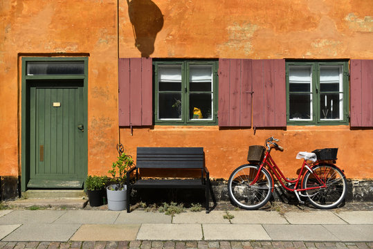 Copenhagen street scene with authentic architecture and mode of life in Nyboder area