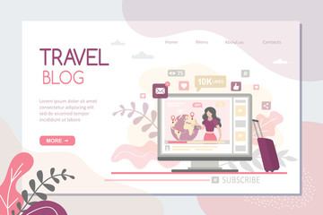 Woman traveller makes a video blog on the tropical coast. Travel blog landing page template. Story for social media