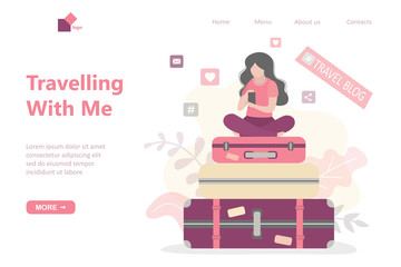 Travelling with me- landing page template. Beauty woman blogger talks about flights and travels. Travel blog.